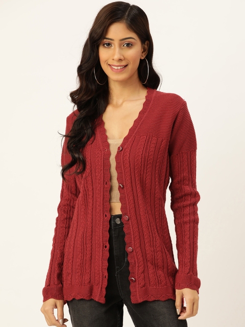 

American Eye Women Maroon Acrylic Cable Knit Cardigan