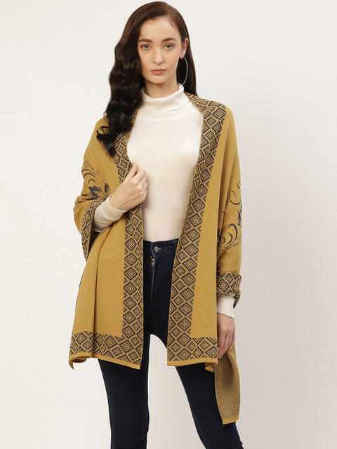 

American Eye Women Mustard Yellow & Navy Blue Ethnic Motifs Woven Design Longline Shrug