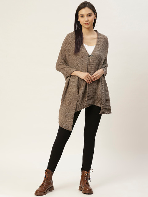 

American Eye Women Taupe Woven Design Longline Front-Open Sweater, Brown