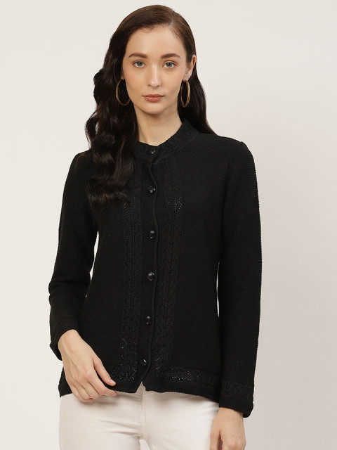 

American Eye Women Black Solid Lace Inserts Cardigan