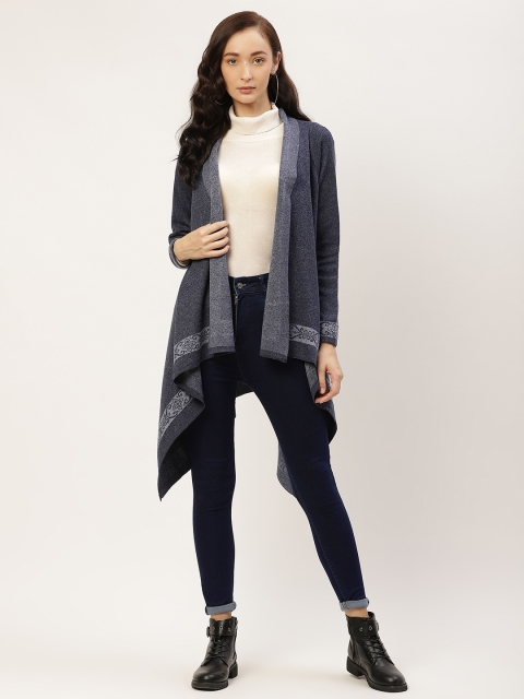 

American Eye Women Navy Blue Solid Asymmetric Waterfall Longline Shrug