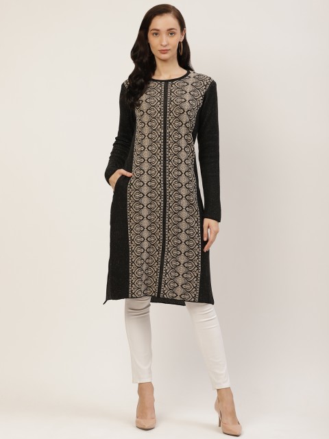 

American Eye Women Black & Beige Ethnic Woven Design Straight Winter Kurta