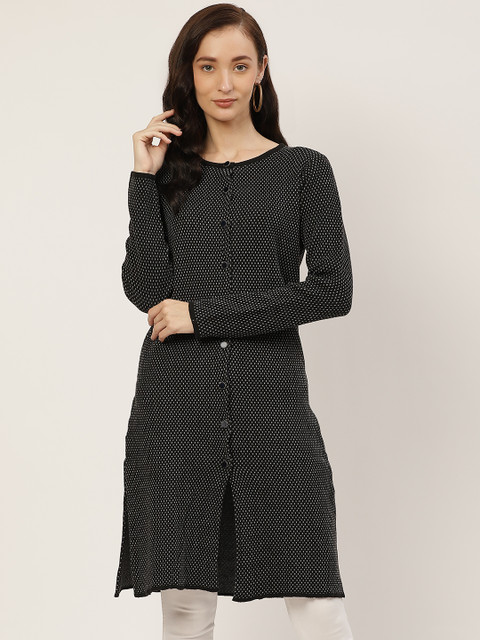 

American Eye Women Black and White Self-Design Longline Cardigan