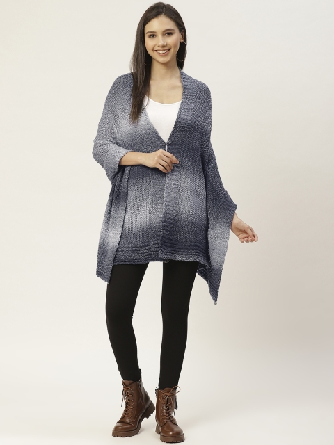 

American Eye Women Charcoal Grey & Off White Woven Design Longline Front-Open Sweater
