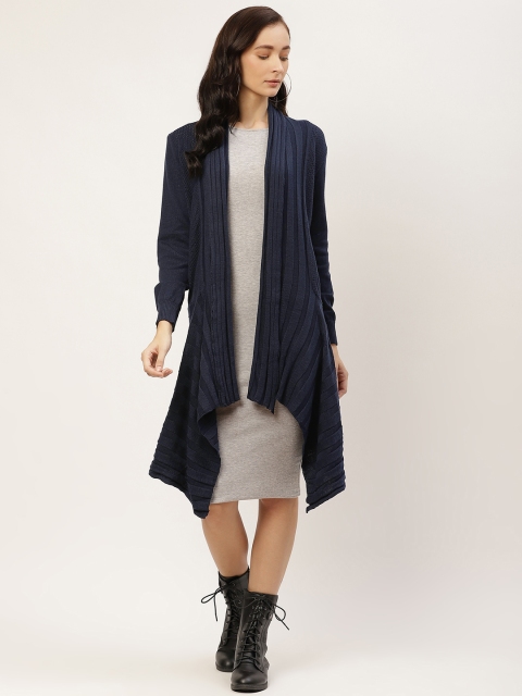 

American Eye Women Navy Blue Self-Striped Acrylic Dipped Hem Longline Shrug