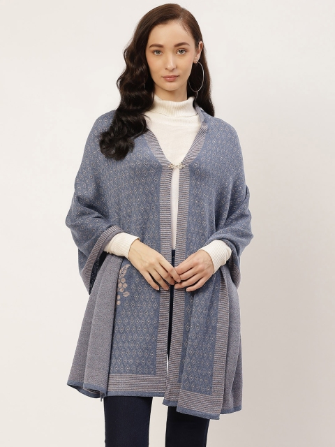 

American Eye Women Navy Blue & Beige Patterned Acrylic Poncho Style Button Shrug
