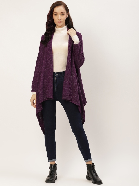 

American Eye Women Purple Self-Design Acrylic Dipped Hem Waterfall Longline Shrug