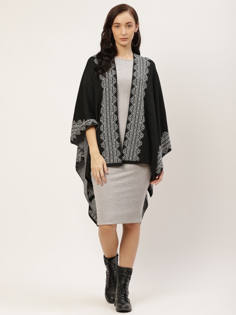 

American Eye Women Black & White Tribal Patterned Acrylic Poncho Style Longline Shrug