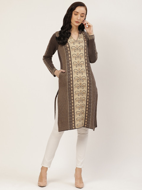 

American Eye Women Brown & Cream-Coloured Ethnic Woven Design Straight Winter Kurta