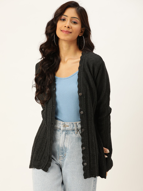 

American Eye Women Charcoal Grey Cable Knit Acrylic Cardigan