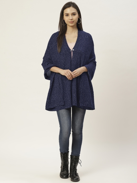 

American Eye Women Navy Blue Woven Design Longline Front-Open Sweater