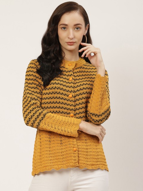 

American Eye Women Mustard Yellow And Black Self-Design Cardigan