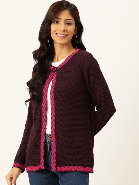 

American Eye Women Burgundy & Pink Acrylic Front-Open Sweater