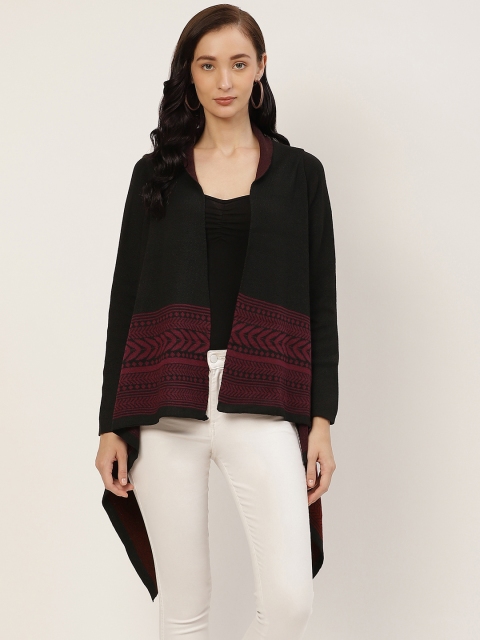 

American Eye Women Black & Burgundy Patterned Acrylic Dipped Hem Open Front Shrug