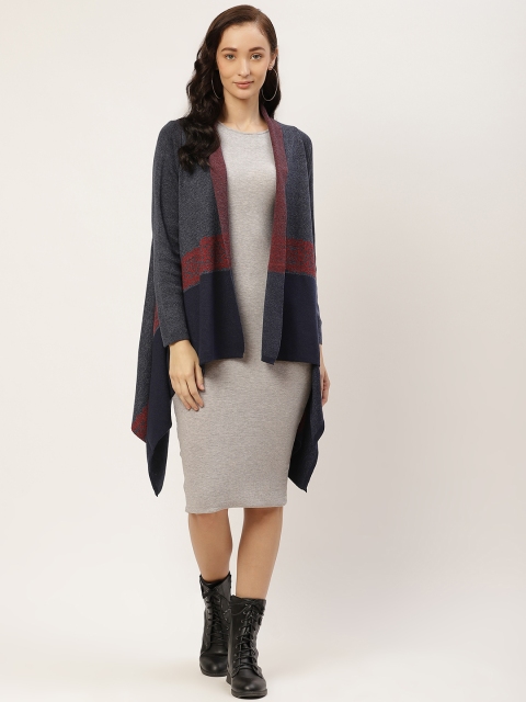 

American Eye Women Navy Blue & Red Patterned Acrylic Dipped Hem Longline Shrug