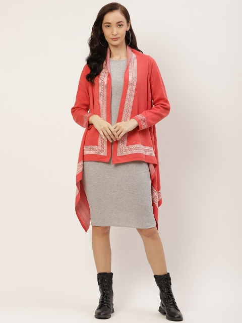 

American Eye Women Coral Orange & White Patterned Acrylic Dipped Hem Longline Shrug