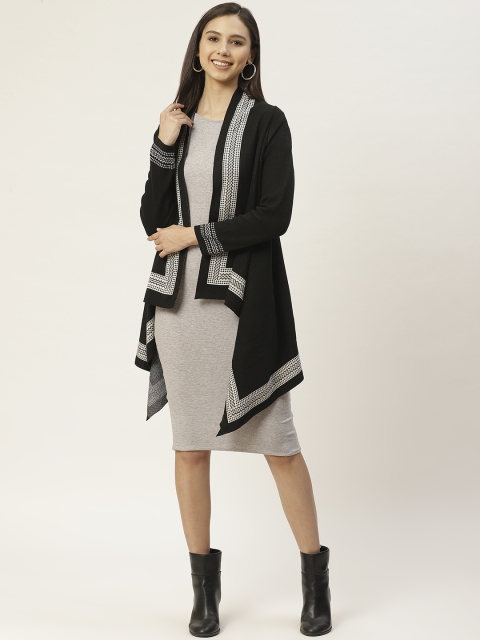 

American Eye Women Black Solid Longline Front-Open Sweater With Woven Design Detail
