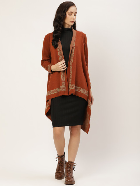 

American Eye Women Rust Orange Solid Longline High-Low Winter Shrug