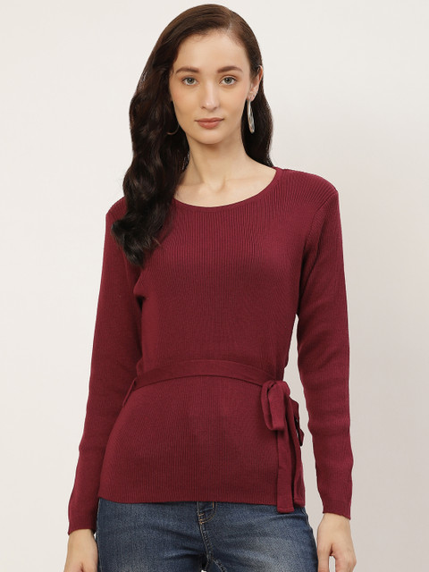 

American Eye Women Maroon Solid Pullover with Belt
