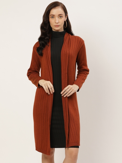 

American Eye Women Rust Orange Self-Striped Longline Front-Open Sweater