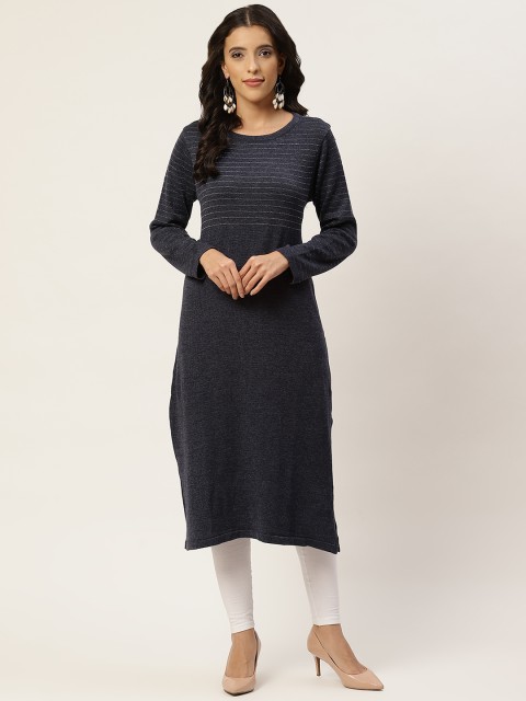 

American Eye Women Navy Blue Striped Yoke Straight Winter Kurta