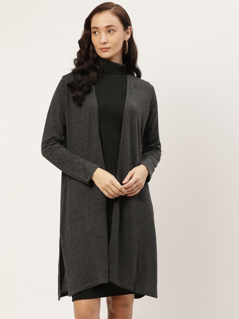 

American Eye Women Charcoal Grey Self-Striped Longline Front-Open Sweater
