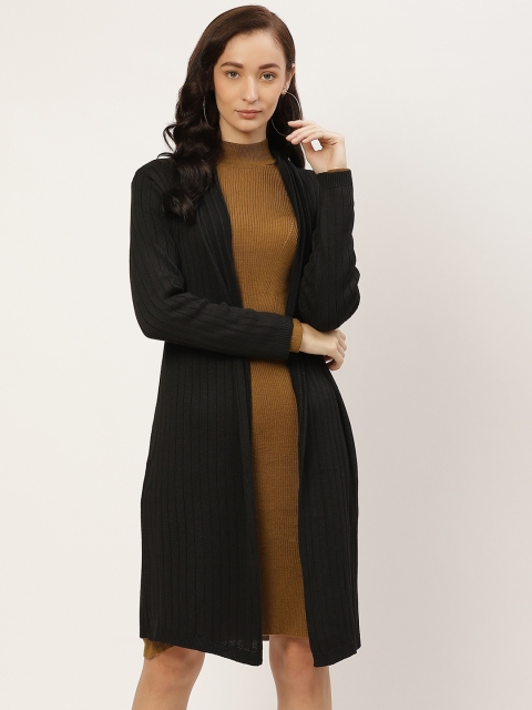 

American Eye Women Black Self-Striped Open-Front Longline Sweater