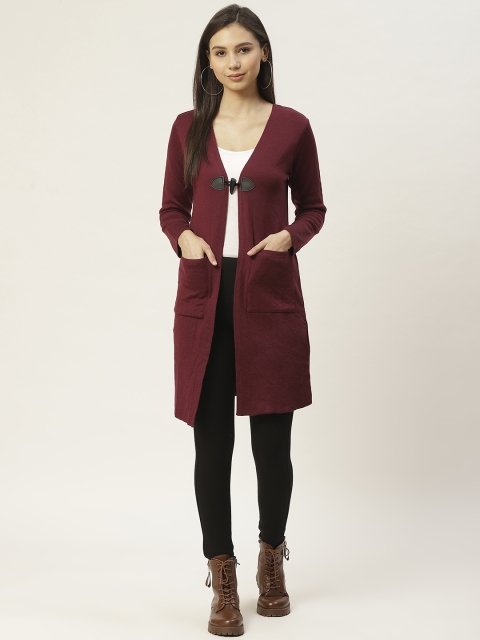 

American Eye Women Maroon Solid Longline Front-Open Sweater