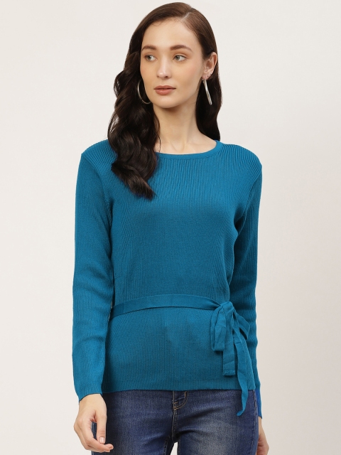 

American Eye Women Blue Solid Pullover with Belt, Turquoise blue