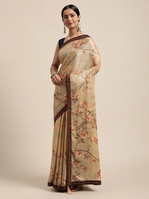 

all about you Beige & Pink Floral Printed Sequinned Saree