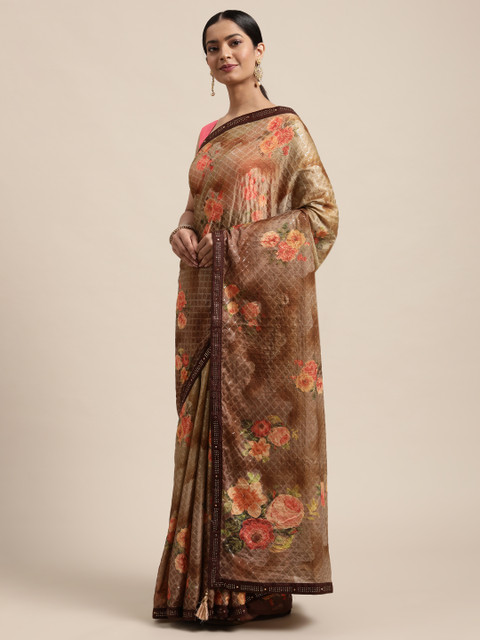 

all about you Brown & Orange Floral Sequinned Silk Georgette Saree