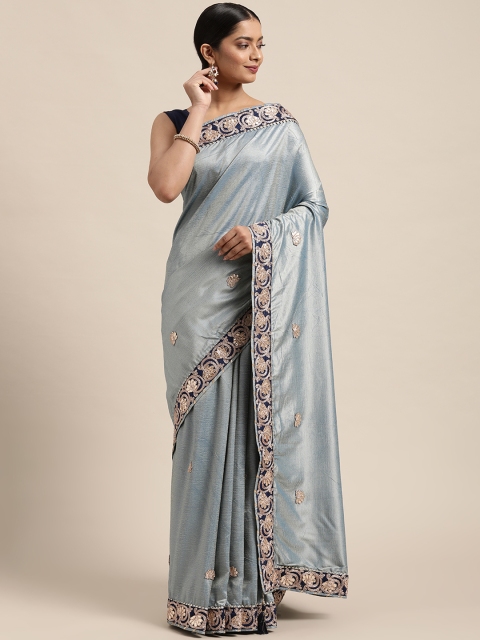 

all about you Blue Dual Toned Floral Beads and Stones Silk Blend Saree