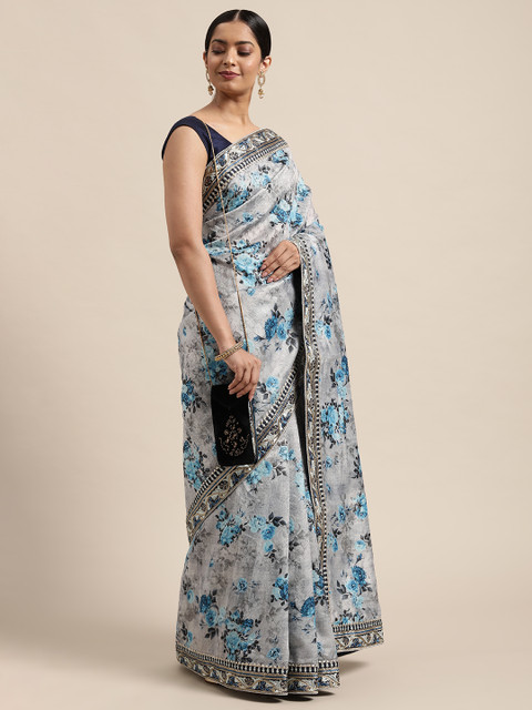 

all about you Grey & Blue Floral Printed Beads and Stones Silk Blend Saree