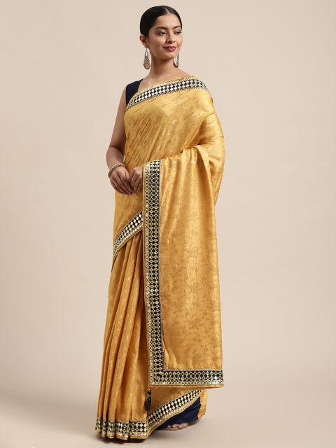 

all about you Yellow Floral Mirror Work Jacquard Silk Blend Saree