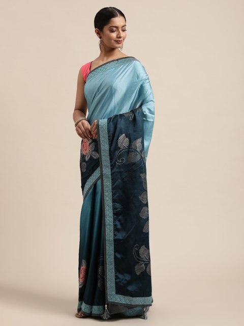 

all about you Blue & Pink Floral Printed Beads and Stones Saree