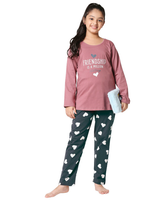 

Zeyo Girls Brown & Grey Printed Cotton Night Suit