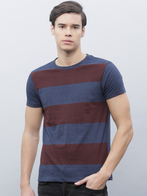 

ether Men Navy & Burgundy Striped Round Neck T-shirt, Navy blue