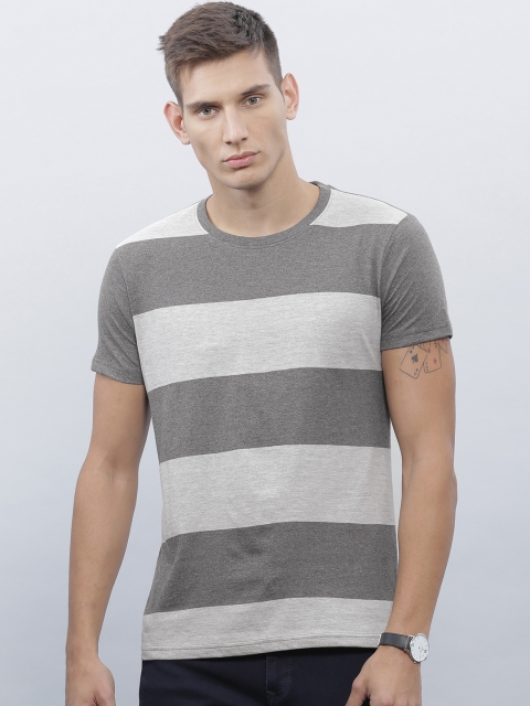 

ether Men Charcoal Grey Striped Round Neck T-shirt