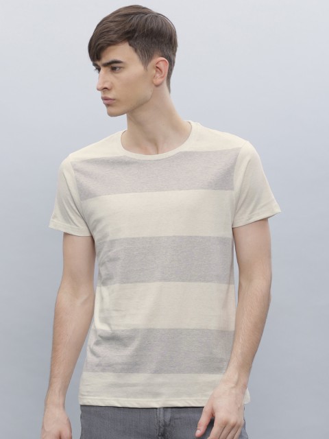 

ether Men White Grey Striped Round Neck Pure Cotton T-shirt
