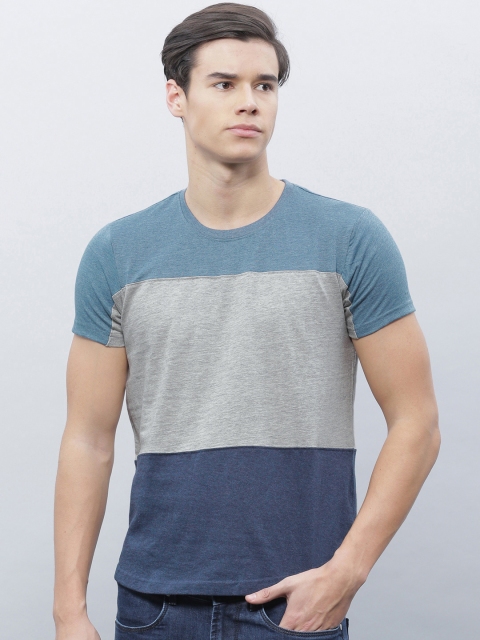 

ether Men Grey Melange & Blue Colour Blocked Round Neck T-Shirt