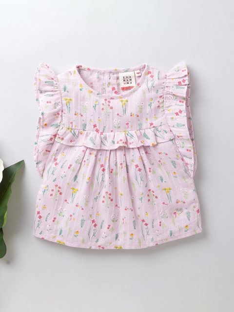 

Ed-a-Mamma Girls Pink Floral Ruffled Cotton A-line Sustainable Top
