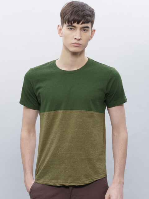 

ether Men Olive Colourblocked Round Neck T-Shirt