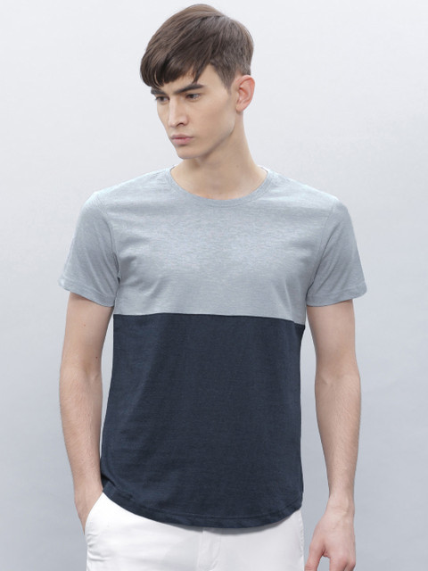

ether Men Blue Grey Colourblocked Round Neck Pure Cotton T-shirt