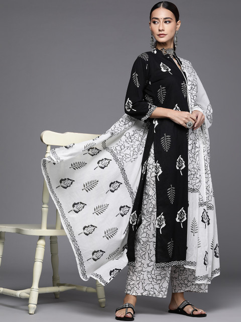 

Libas Women Black & White Floral Printed Pure Cotton Kurta with Palazzos & With Dupatta