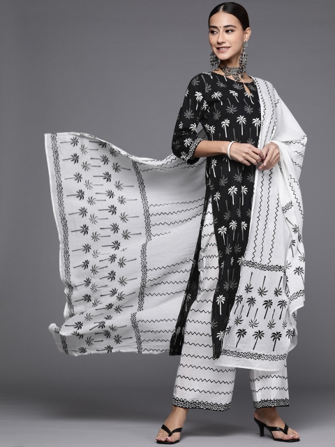 

Libas Women Black Pure Cotton Floral Tropical Printed Kurta with Palazzos & Dupatta
