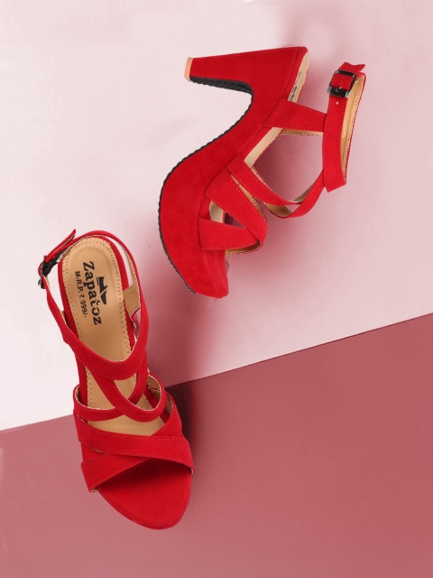 

ZAPATOZ Red Striped Suede Flatform Peep Toes with Buckles