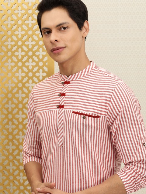 

House of Pataudi Men Off White & Red Striped Rozana Kurta