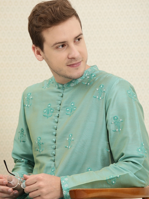 

House of Pataudi Men Teal Green Ethnic Motifs Embroidered Jashn Kurta
