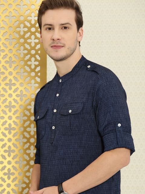 

House of Pataudi Men Navy Blue & Black Printed Rozana Kurta