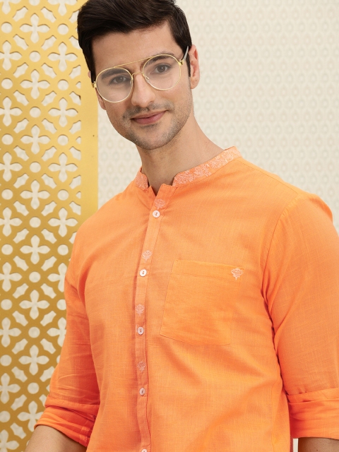 

House of Pataudi Men Orange Solid Rozana Casual Shirt with Embroidery Detail